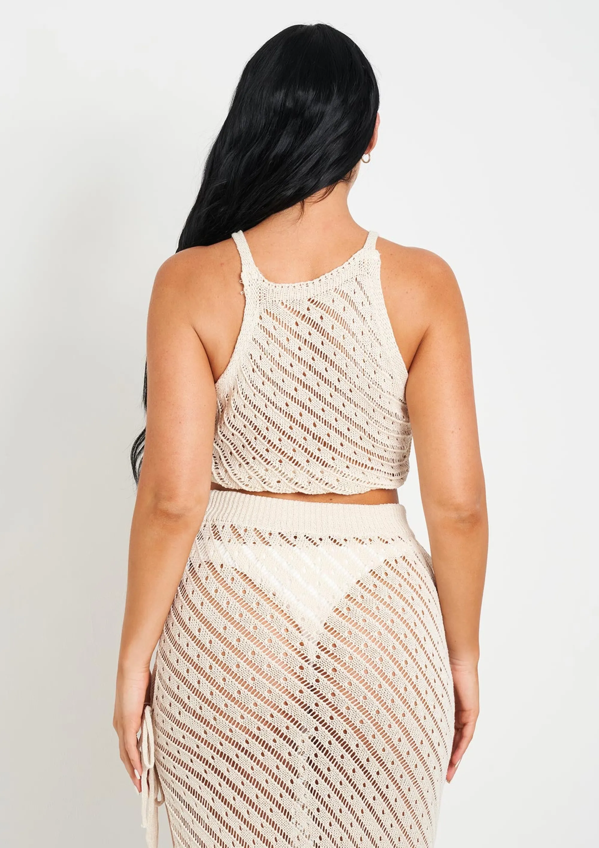 Missy Empire Saffiyah Beige Crochet Knit Beach Crop Top And Midi Skirt Set Clearance
