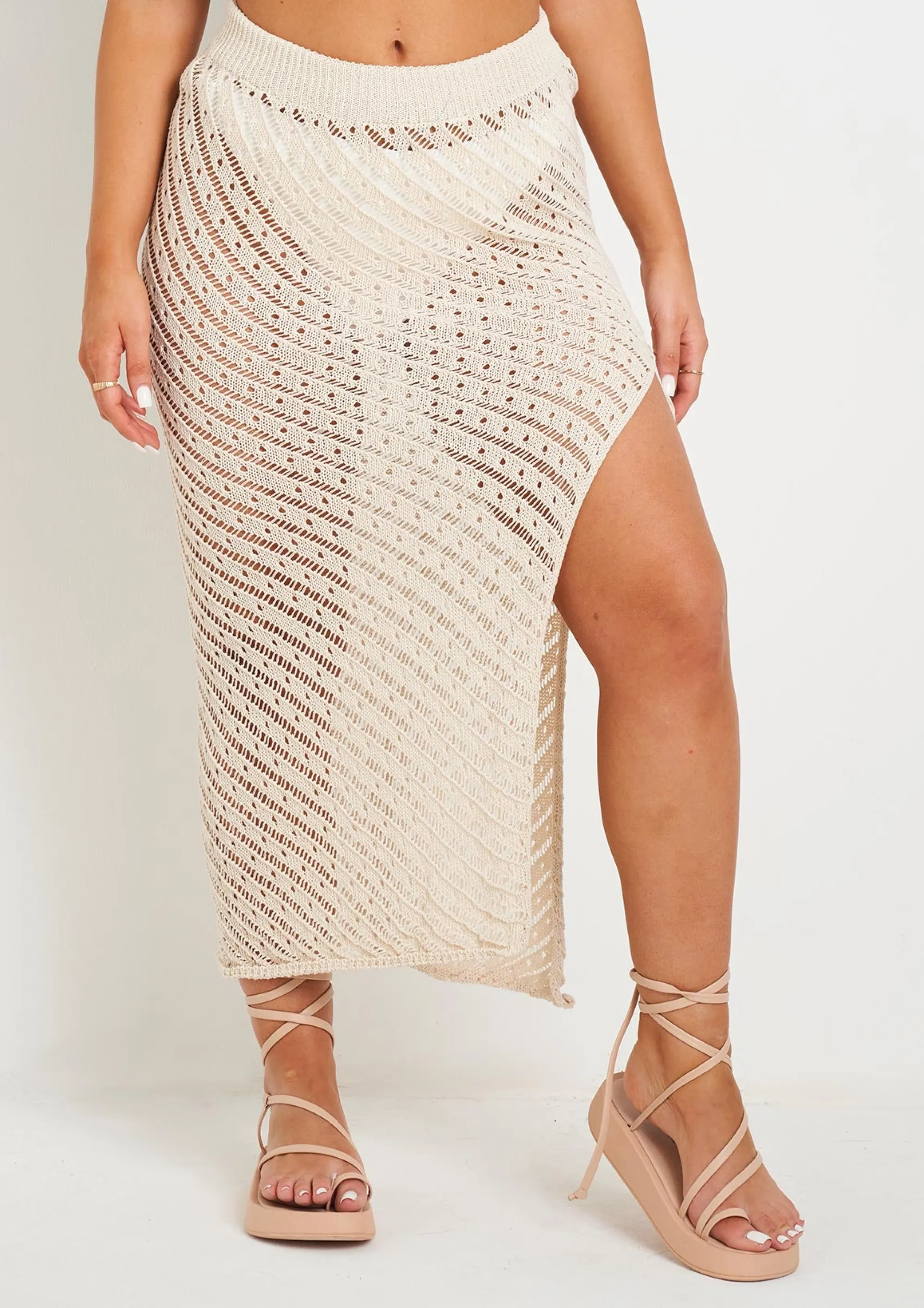 Missy Empire Saffiyah Beige Crochet Knit Beach Crop Top And Midi Skirt Set Clearance