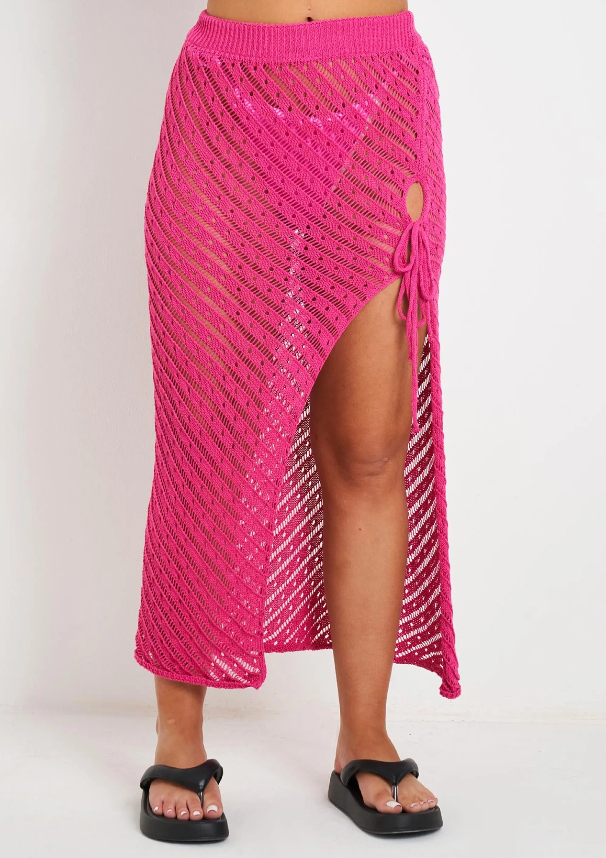 Missy Empire Saffiyah Pink Crochet Knit Beach Crop Top And Midi Skirt Set Fashion