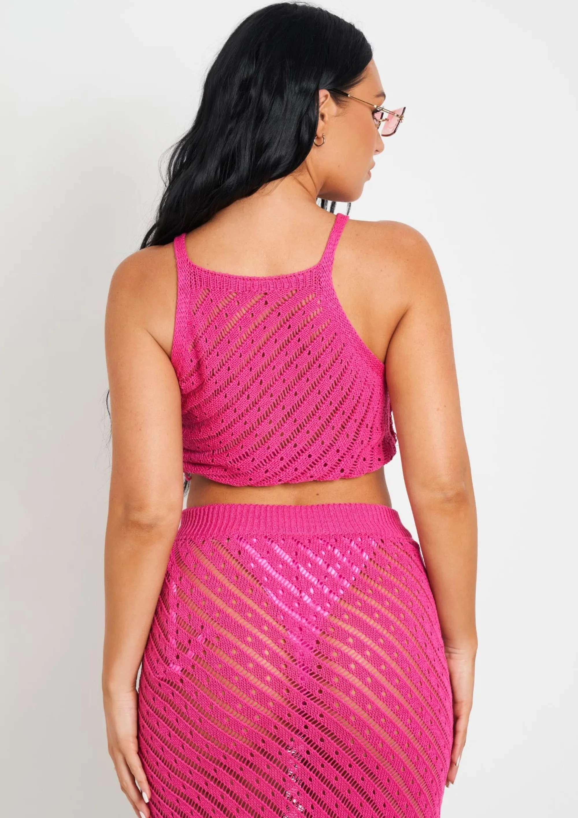 Missy Empire Saffiyah Pink Crochet Knit Beach Crop Top And Midi Skirt Set Fashion