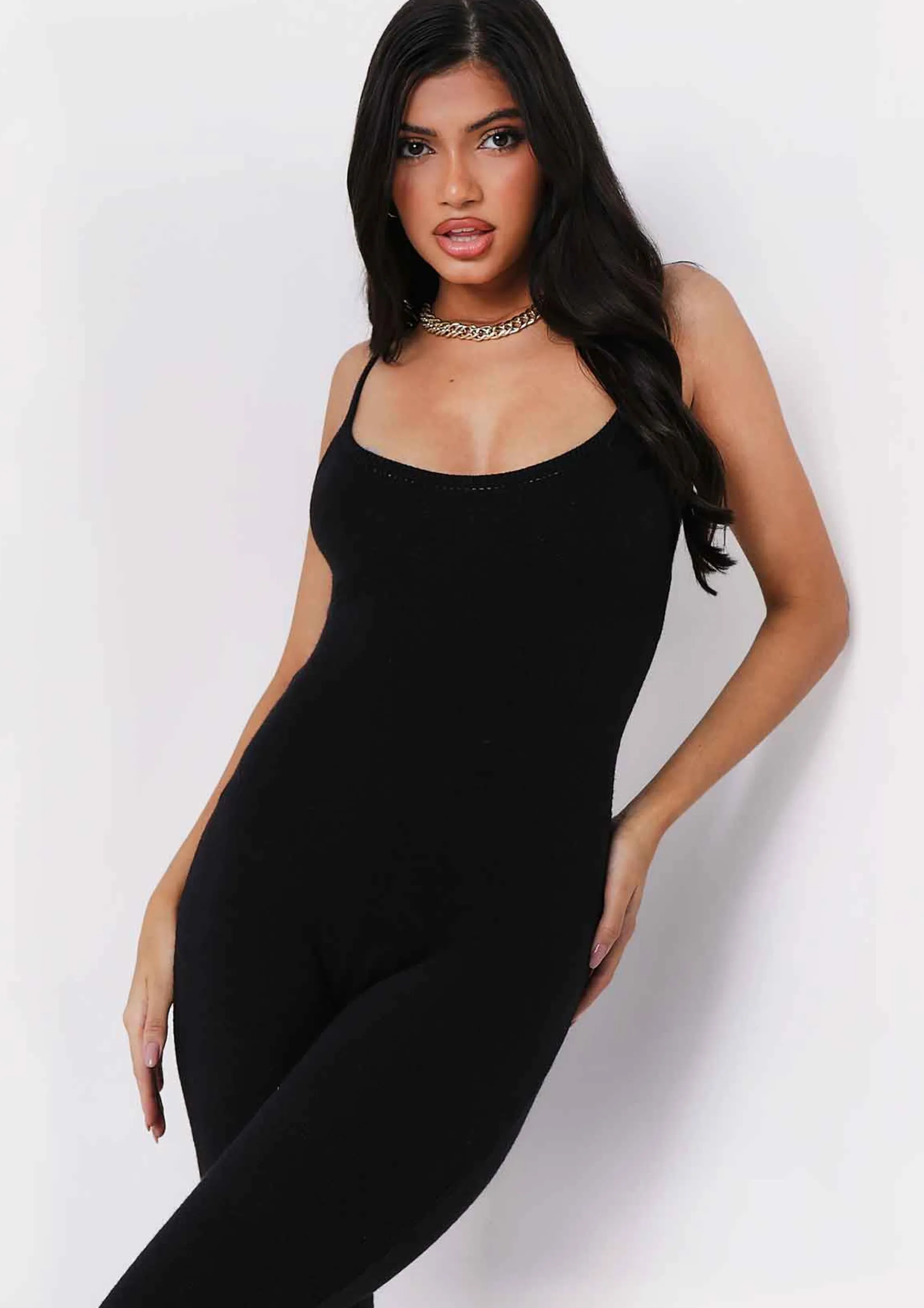 Missy Empire Serena Black Knitted Strappy Jumpsuit^Women Loungewear