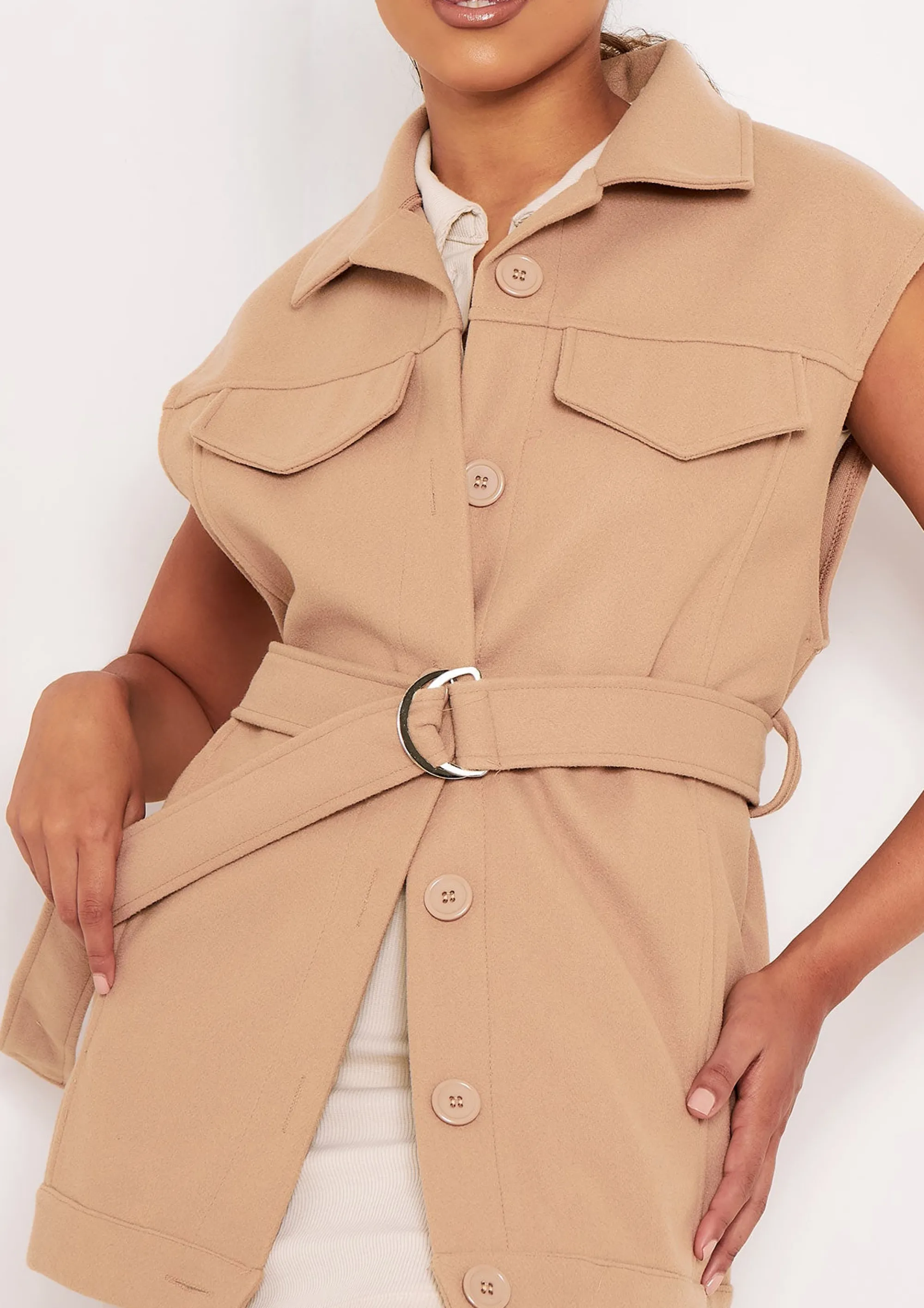 Missy Empire Shauna Beige Belted Button Up Sleeveless Shacket Best
