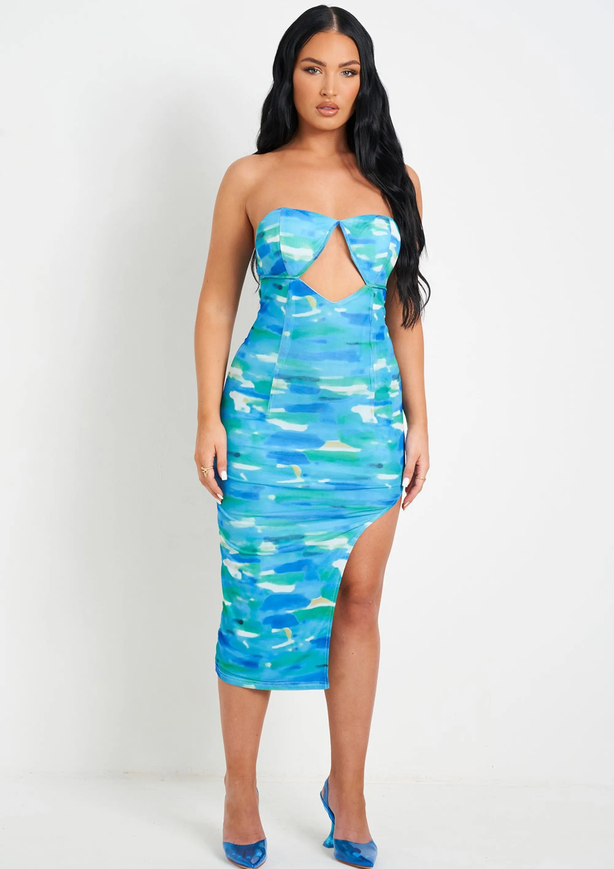 Missy Empire Shelby Blue Printed Cut Out Slit Mesh Midi Dress^Women Dresses