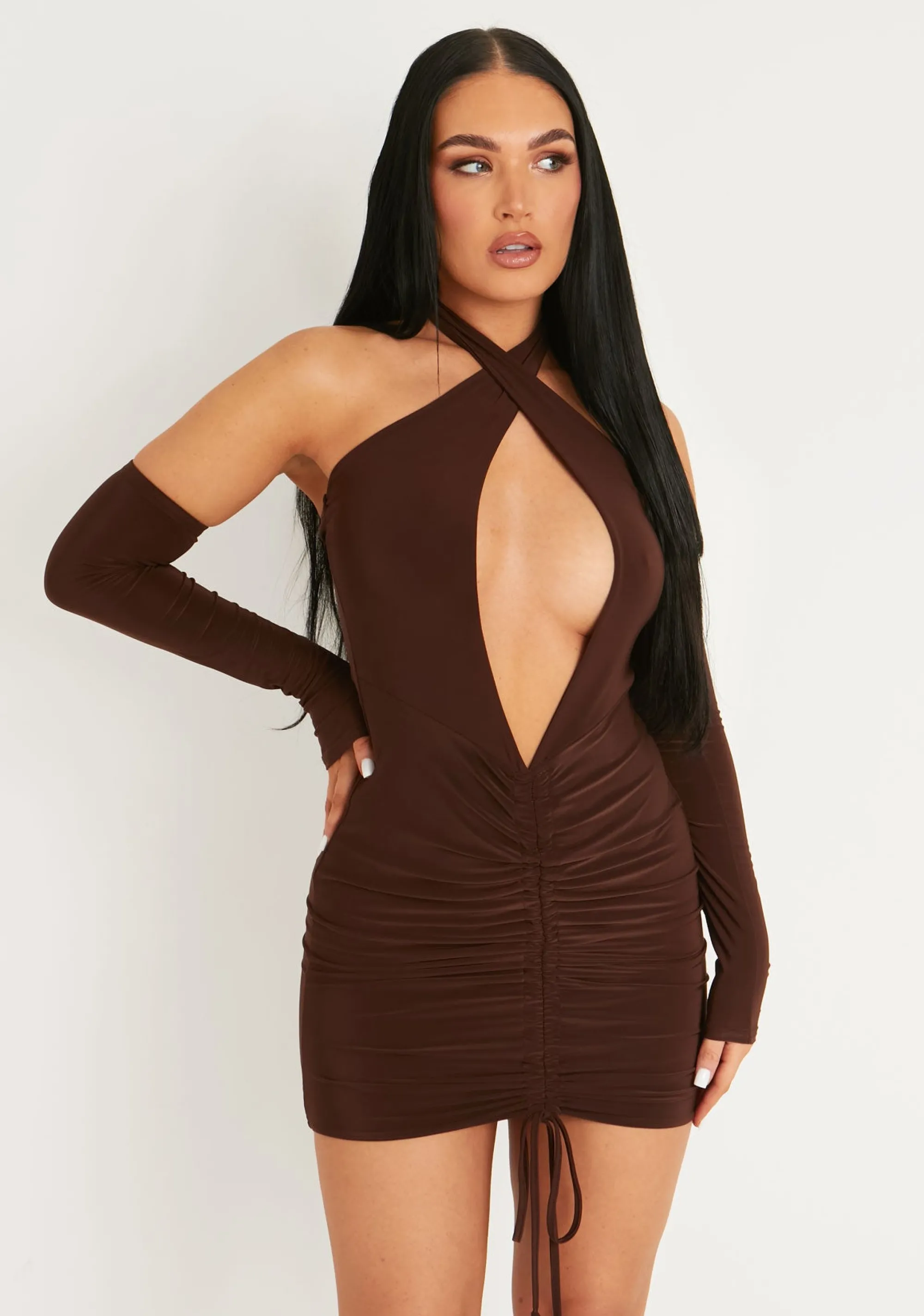Missy Empire Simone Chocolate Cut Out Cold Shoulder Ruched Mini Dress^Women Dresses