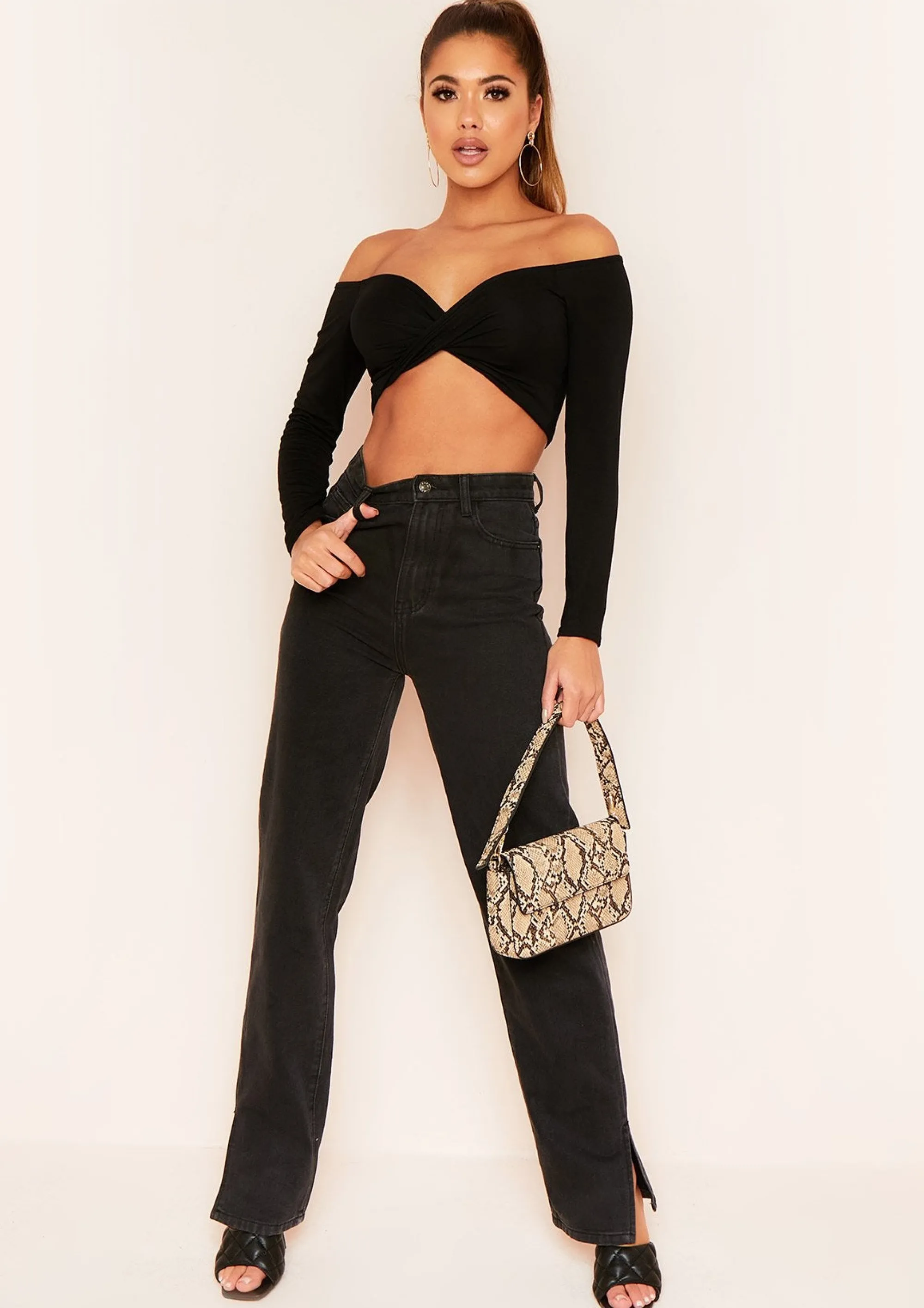 Missy Empire Socorro Black Twist Front Bardot Long Sleeve Crop Top Sale