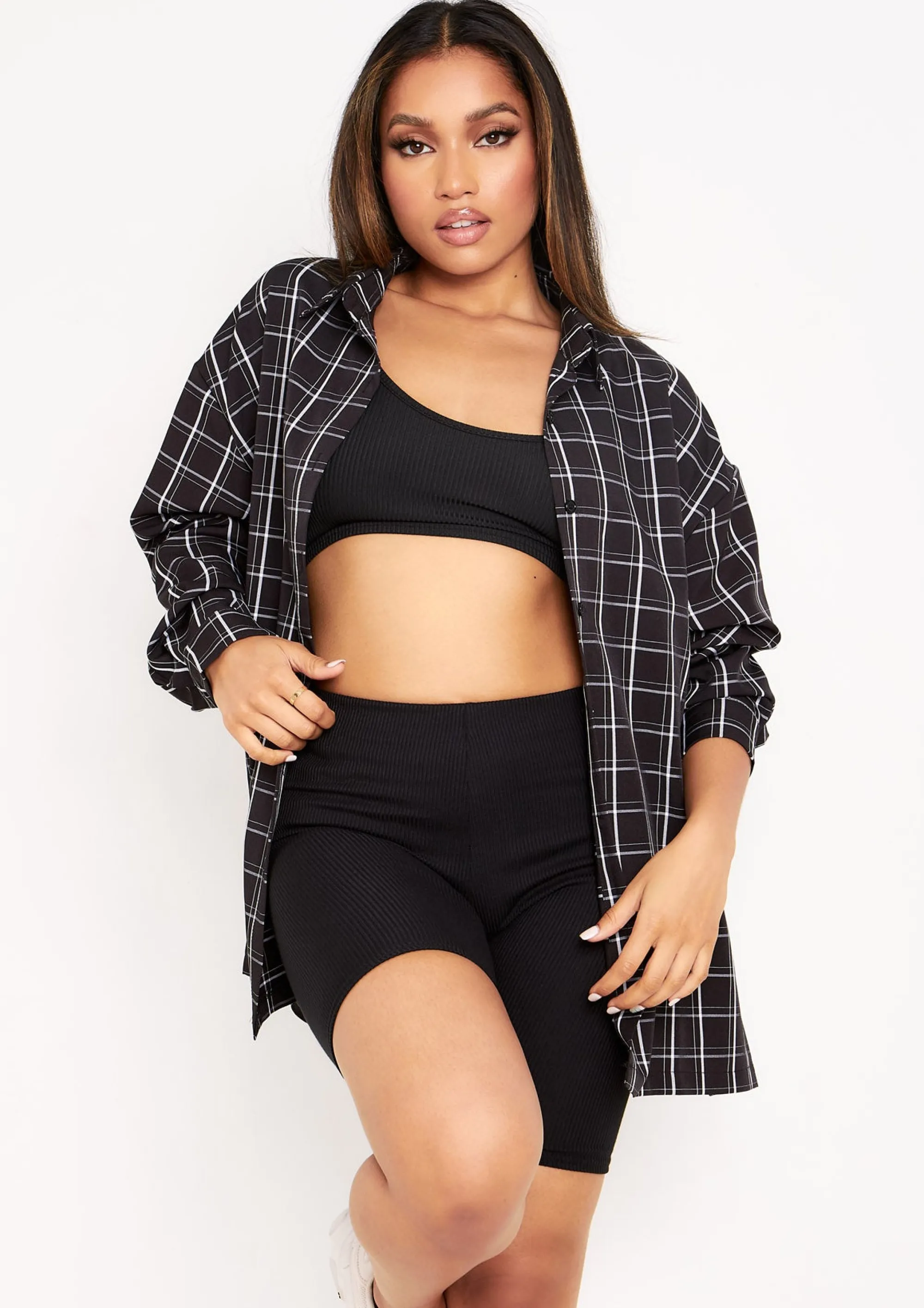Missy Empire Teresa Black And White Longline Checked Oversized Shirt Online