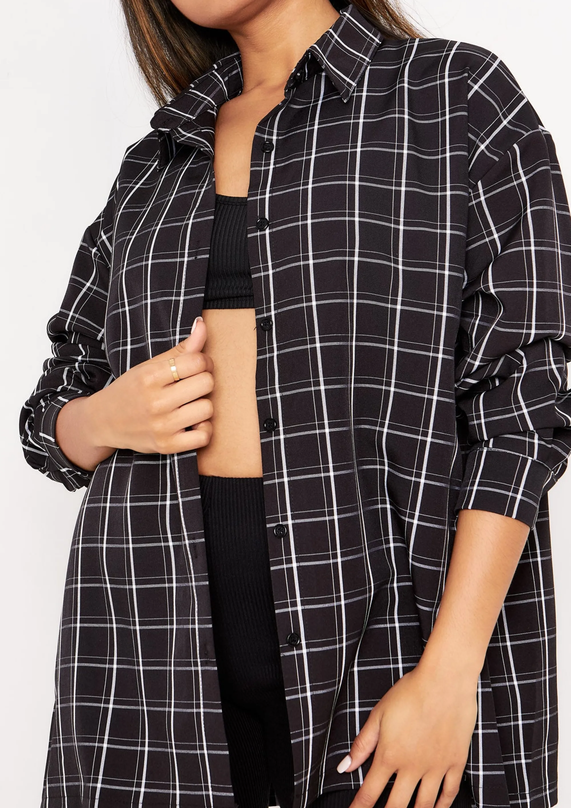 Missy Empire Teresa Black And White Longline Checked Oversized Shirt Online