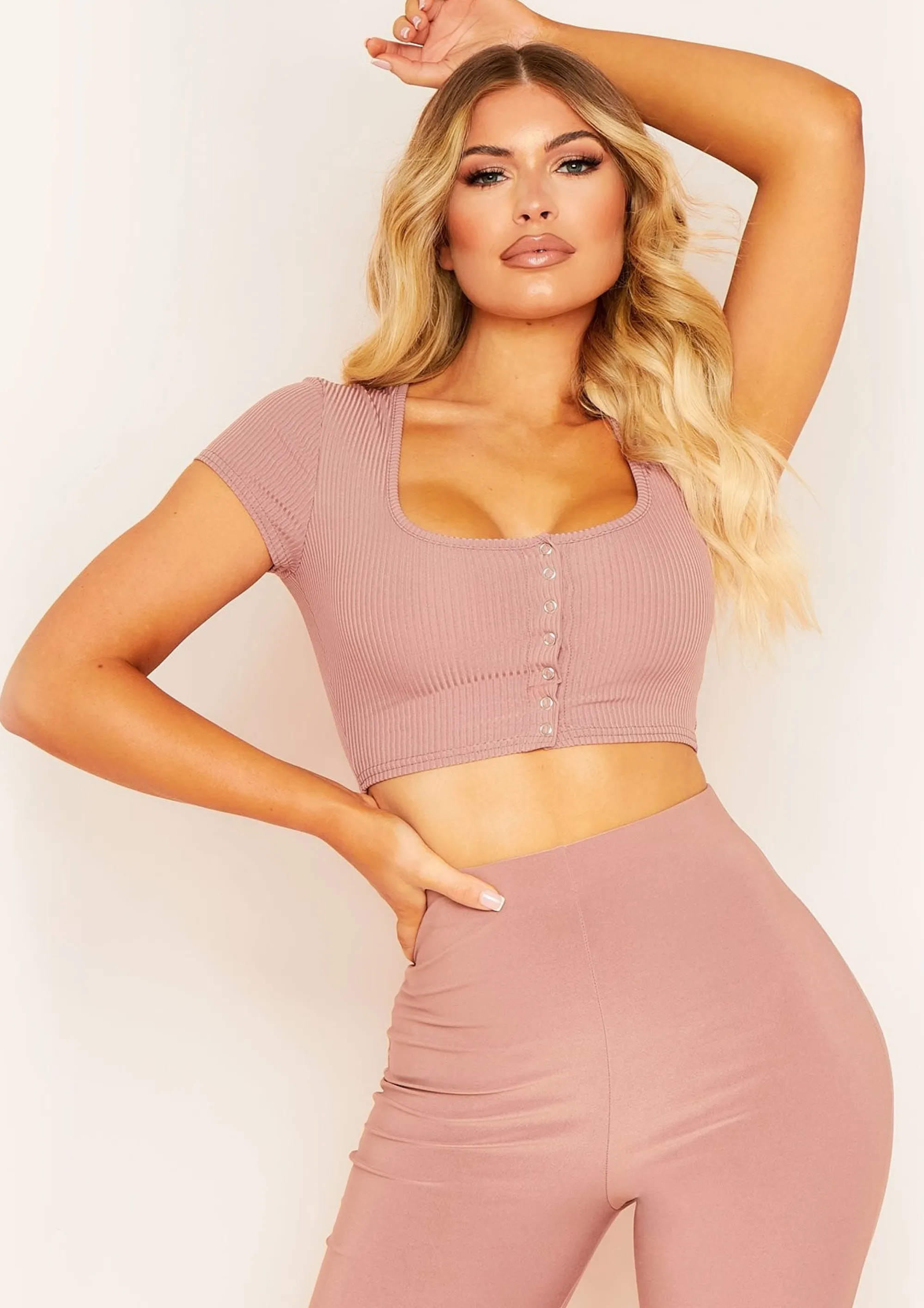Missy Empire Tina Mocha Ribbed Popper Front T-Shirt Crop Top Fashion