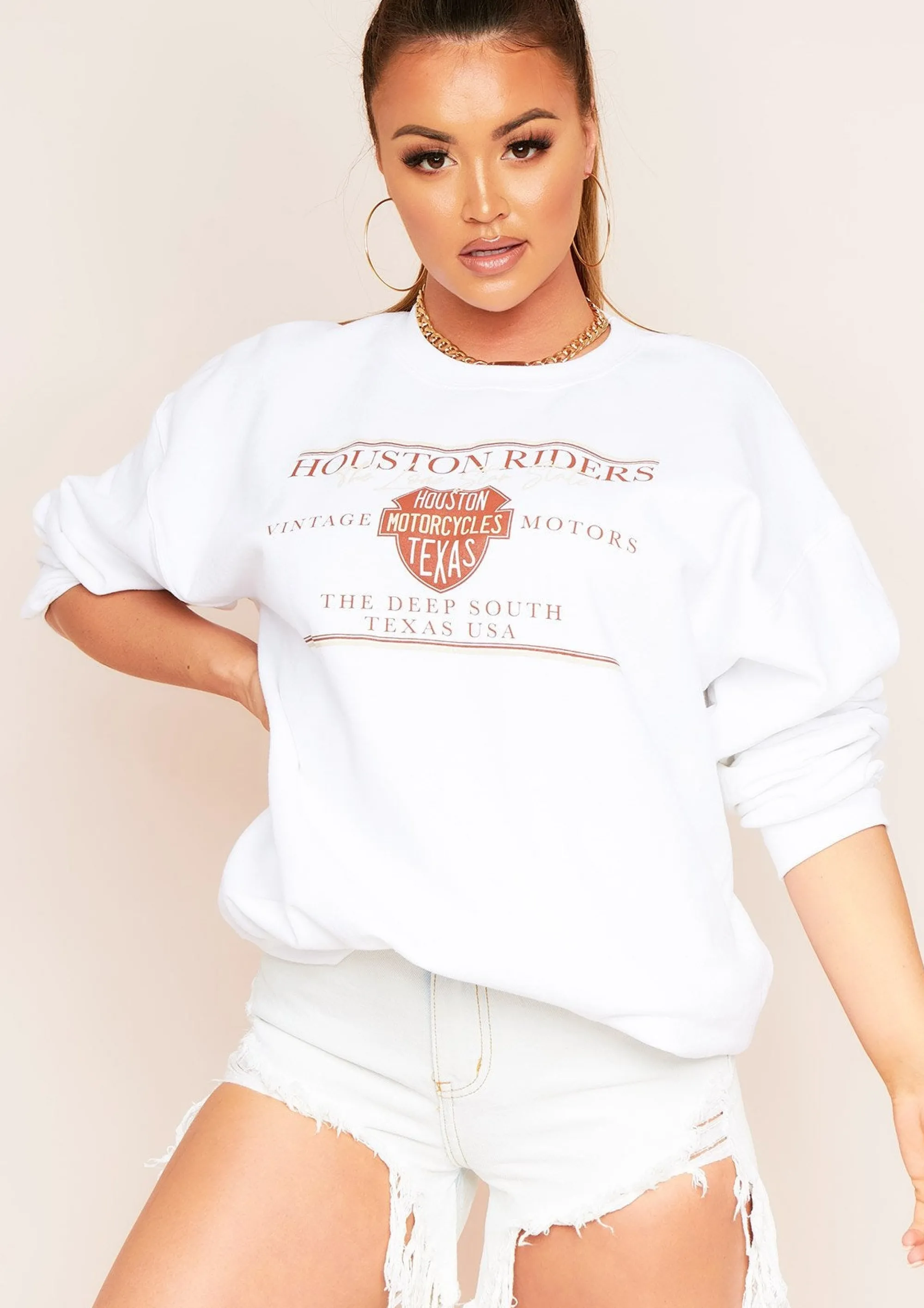 Missy Empire Umika White Houston Riders Slogan Oversized Sweatshirt^Women Loungewear