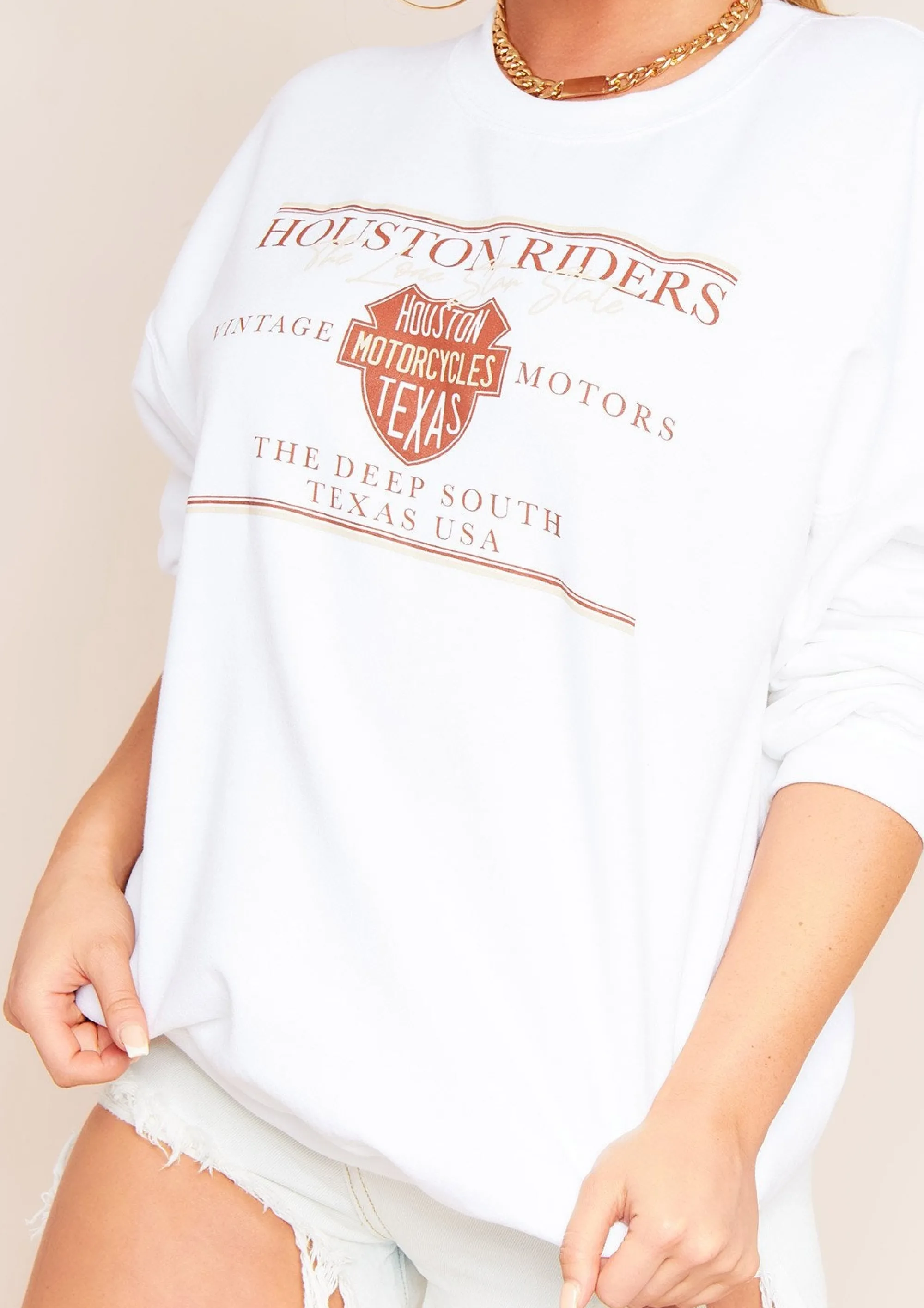 Missy Empire Umika White Houston Riders Slogan Oversized Sweatshirt^Women Loungewear