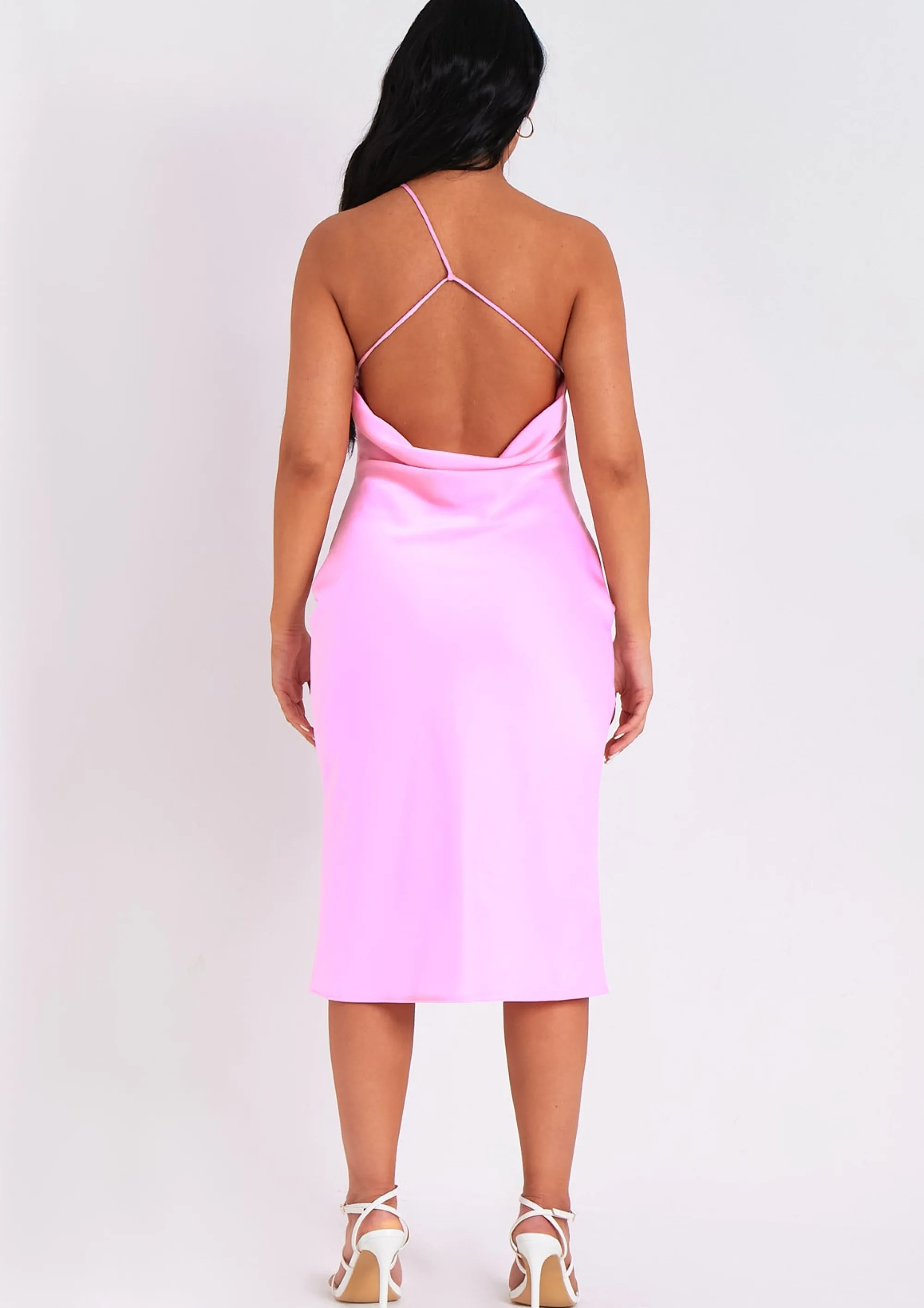 Missy Empire Velma Baby Pink One Shoulder Satin Low Back Midi Dress^Women Dresses