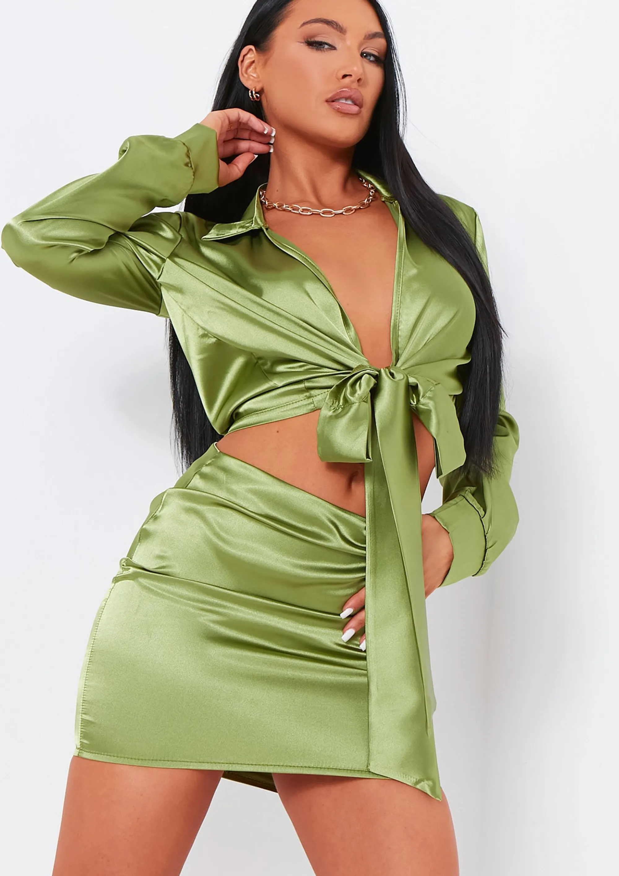 Missy Empire Verity Green Satin Mini Skirt Co-Ord Cheap