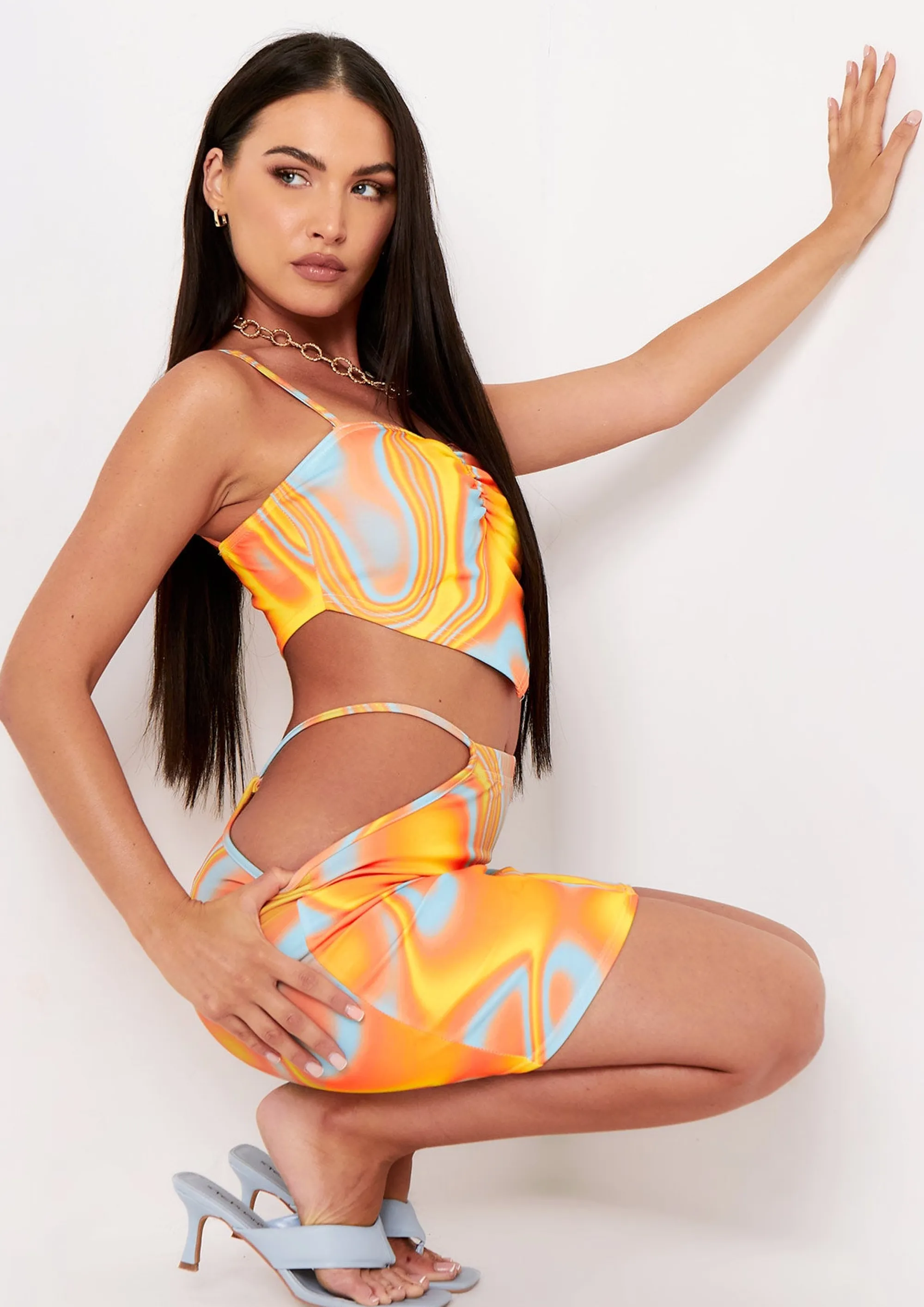 Missy Empire Verity Orange Swirl Print Cut Out Strap Detail Mini Skirt Best