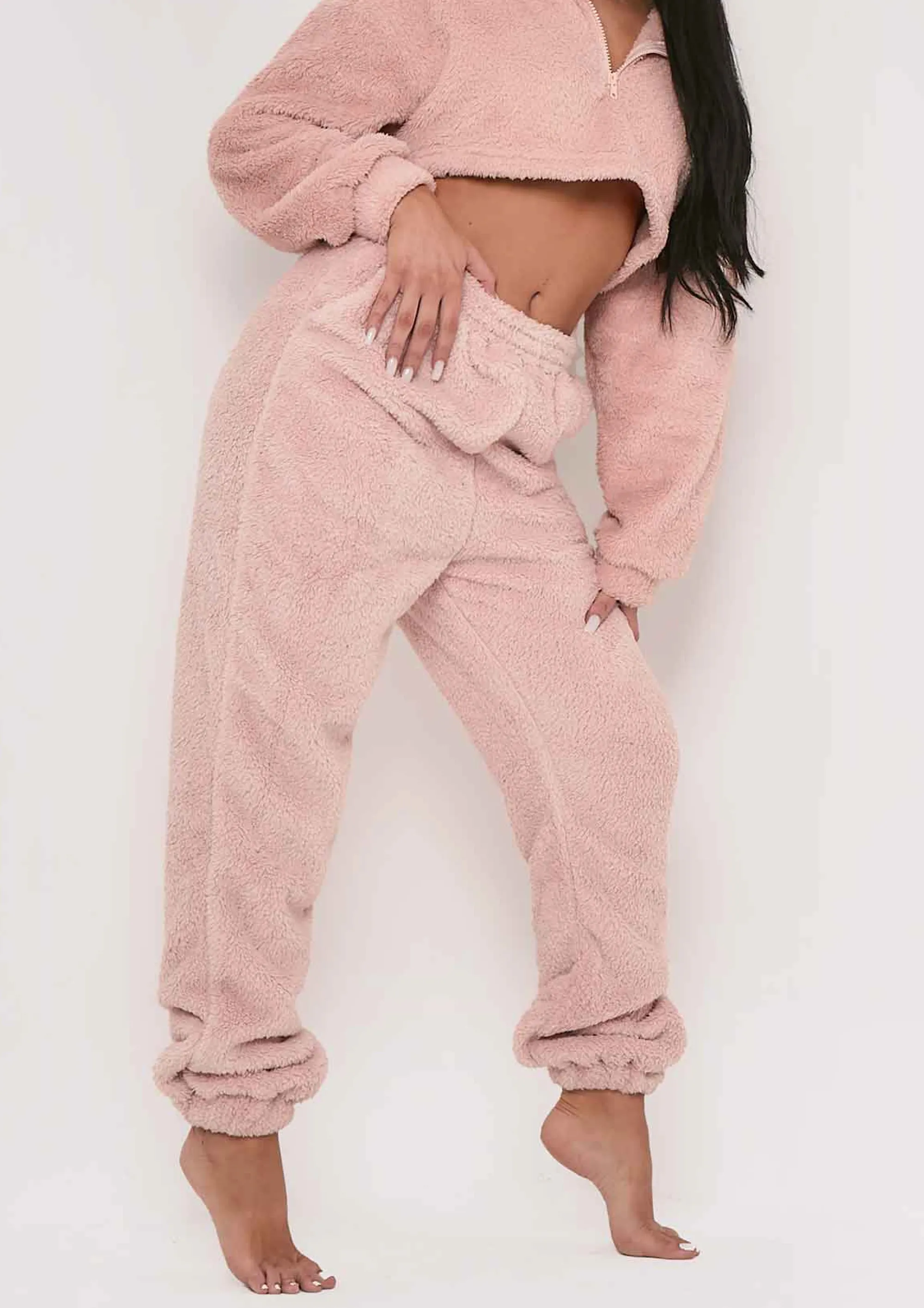 Missy Empire Yasmine Pink Fluffy Teddy Borg Casual Oversized Joggers^Women Nightwear