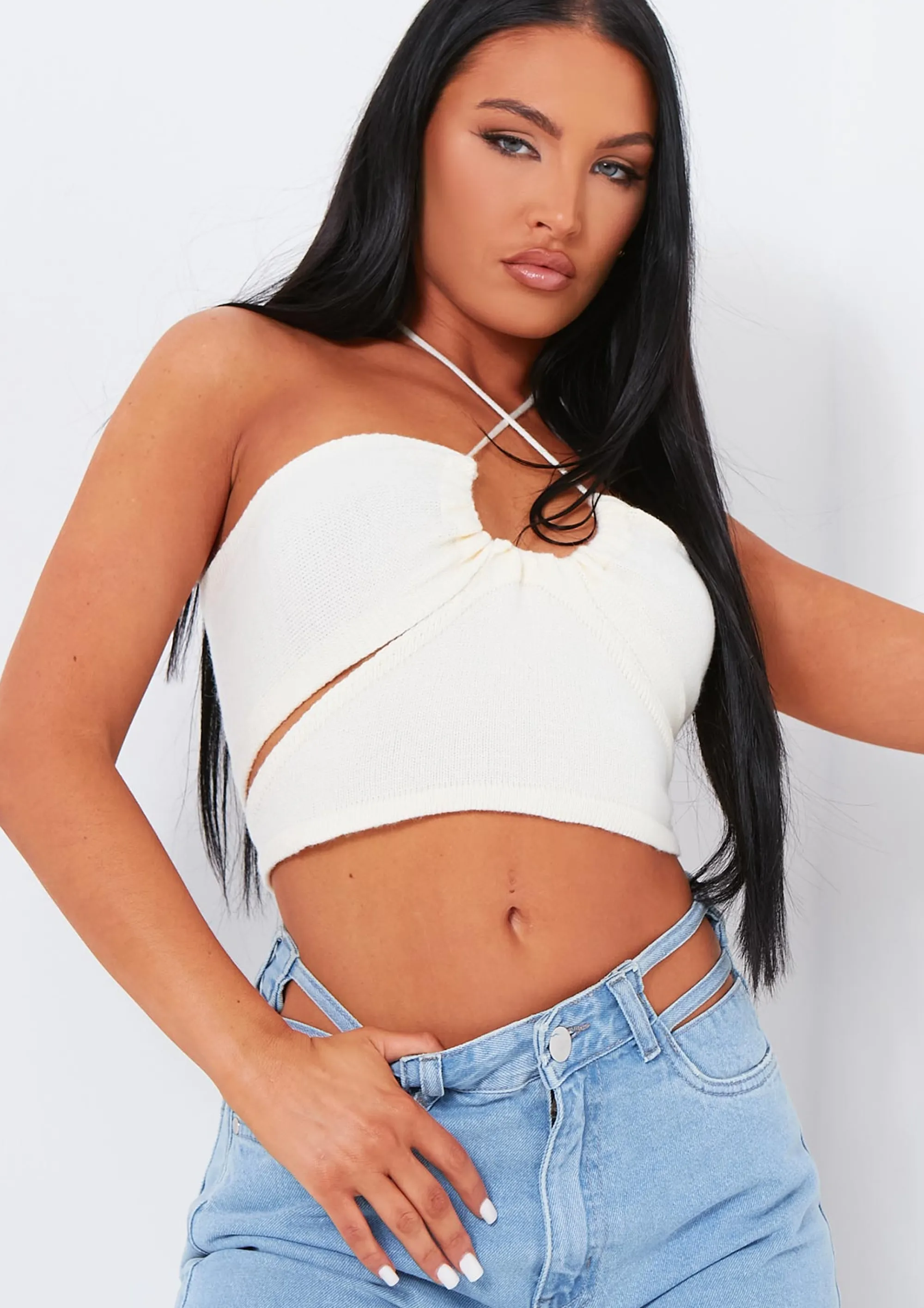 Missy Empire Yolanda Cream Knit Cross Over Crop Top Cheap