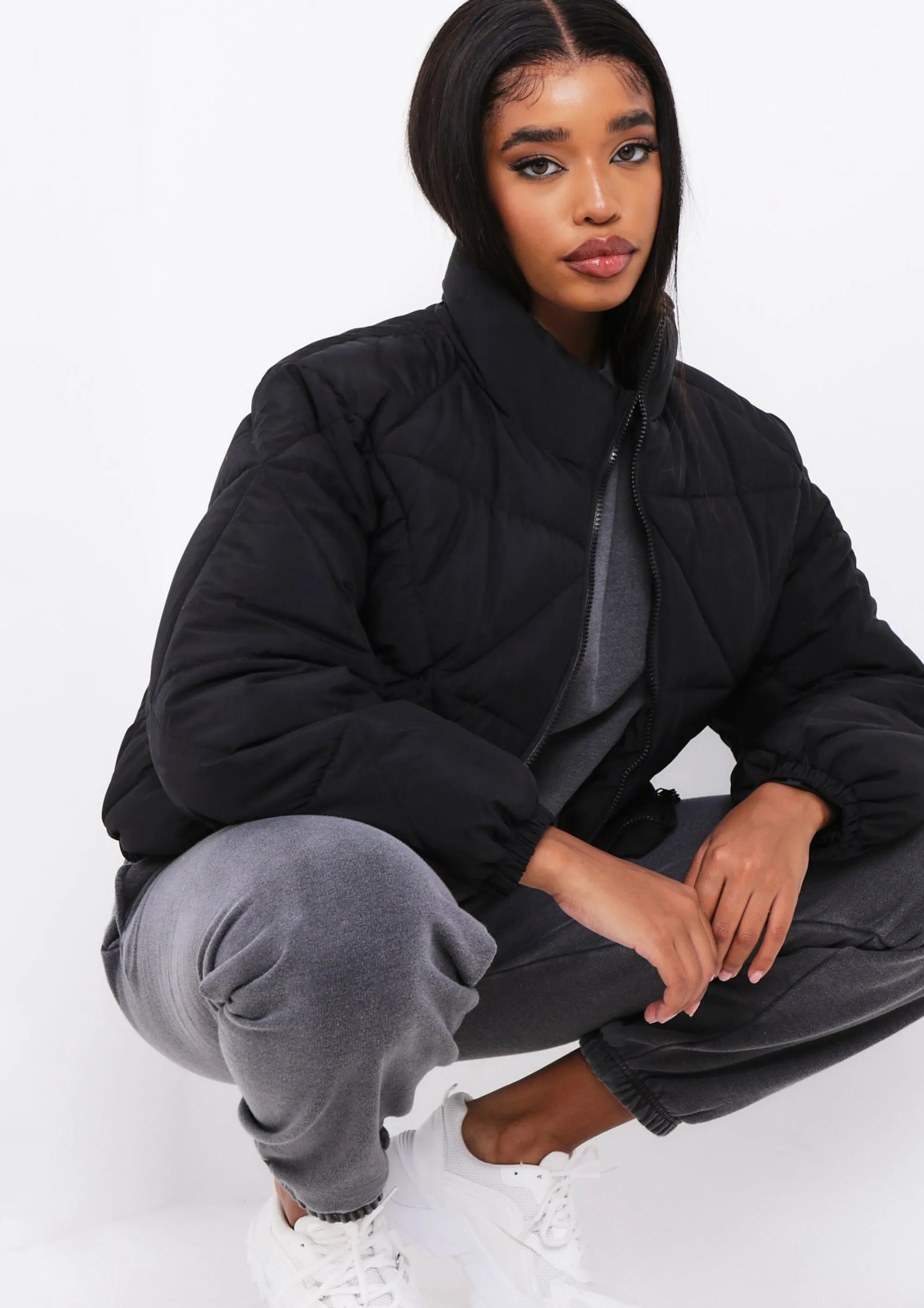 Missy Empire Zarina Black Diamond Quilted Logo Padded Puffer Coat Best Sale