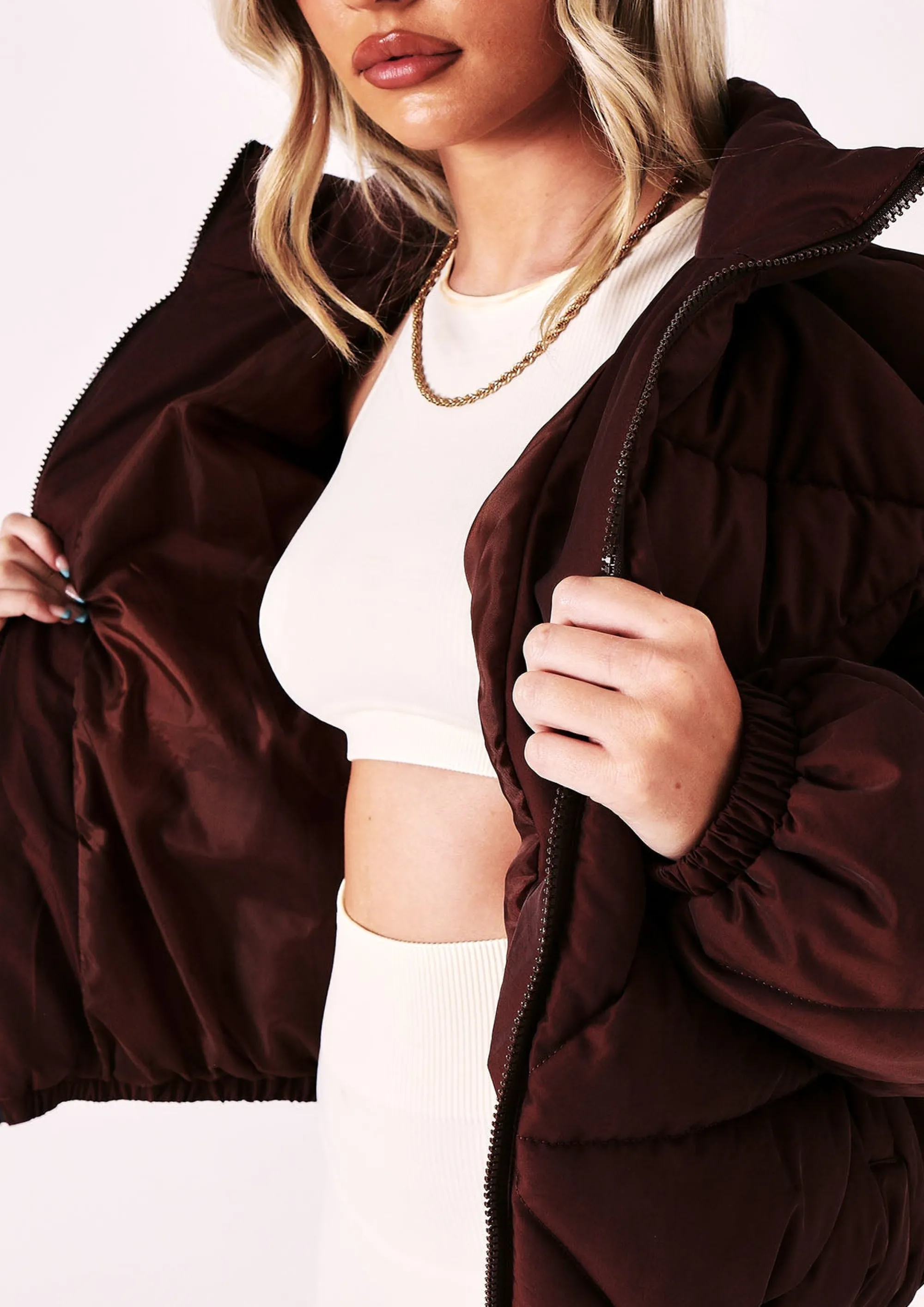 Missy Empire Zarina Chocolate Diamond Quilted Logo Padded Puffer Coat Best