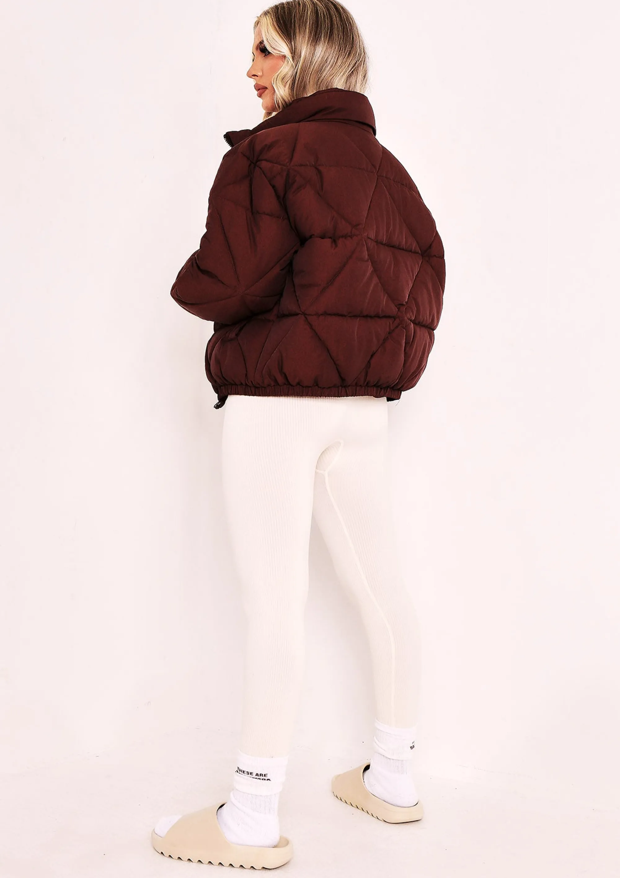 Missy Empire Zarina Chocolate Diamond Quilted Logo Padded Puffer Coat Best