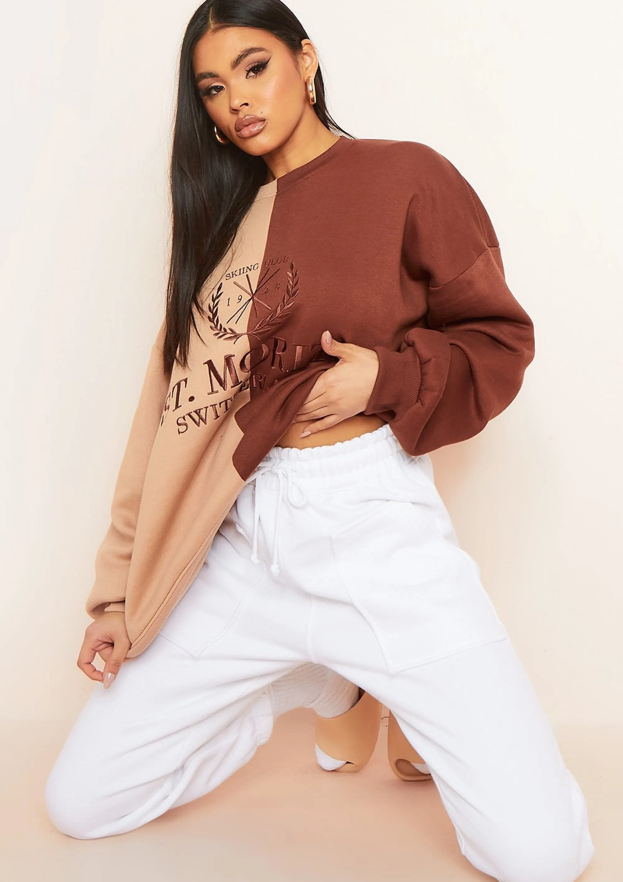 Missy Empire Zee Brown Spliced St Moritz Slogan Oversized Sweatshirt Cheap